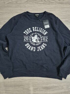 True Religion Brand Jeans Crewneck Sweatshirt Woman Medium Navy Blue Graphic NWT